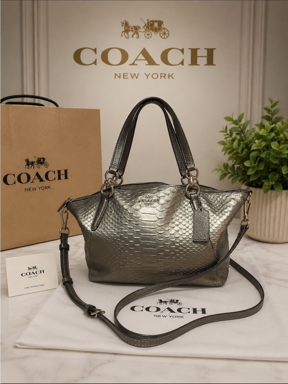 Coach Metallic Python Embossed Leather Satchel Crossbody Gunmetal Silver Purse